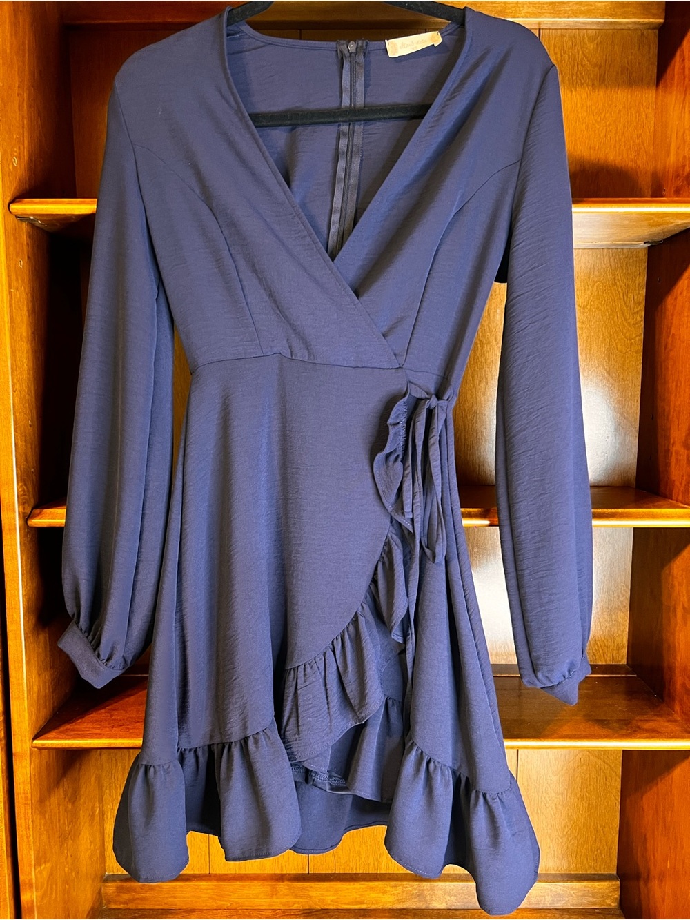 Alter’d State Coastal Coquette Navy Wrap Ruffle Mini Dress Long Sleeves Sz XS